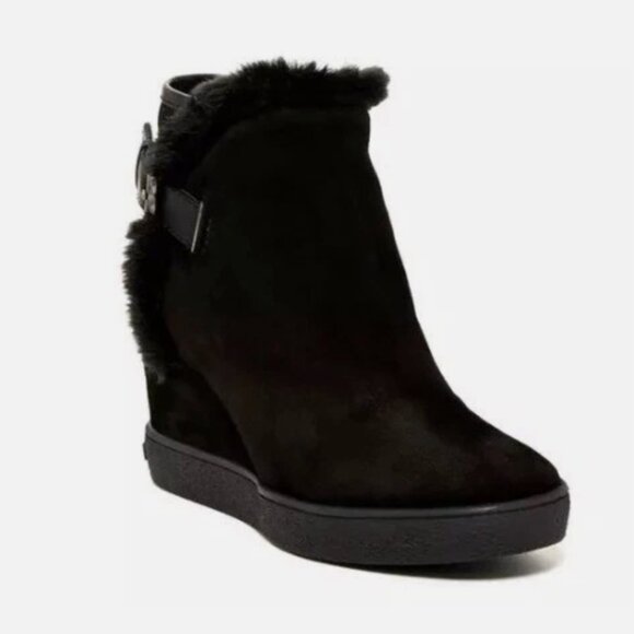 Aquatalia Made in Italy Cameron Black Faux Fur Lined Ankle Wedge Bootie Size 10 - Picture 1 of 15